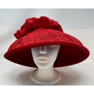 August Accessories Fine Millinery 100% Wool Red Hat Brim Lace Velvet Flower